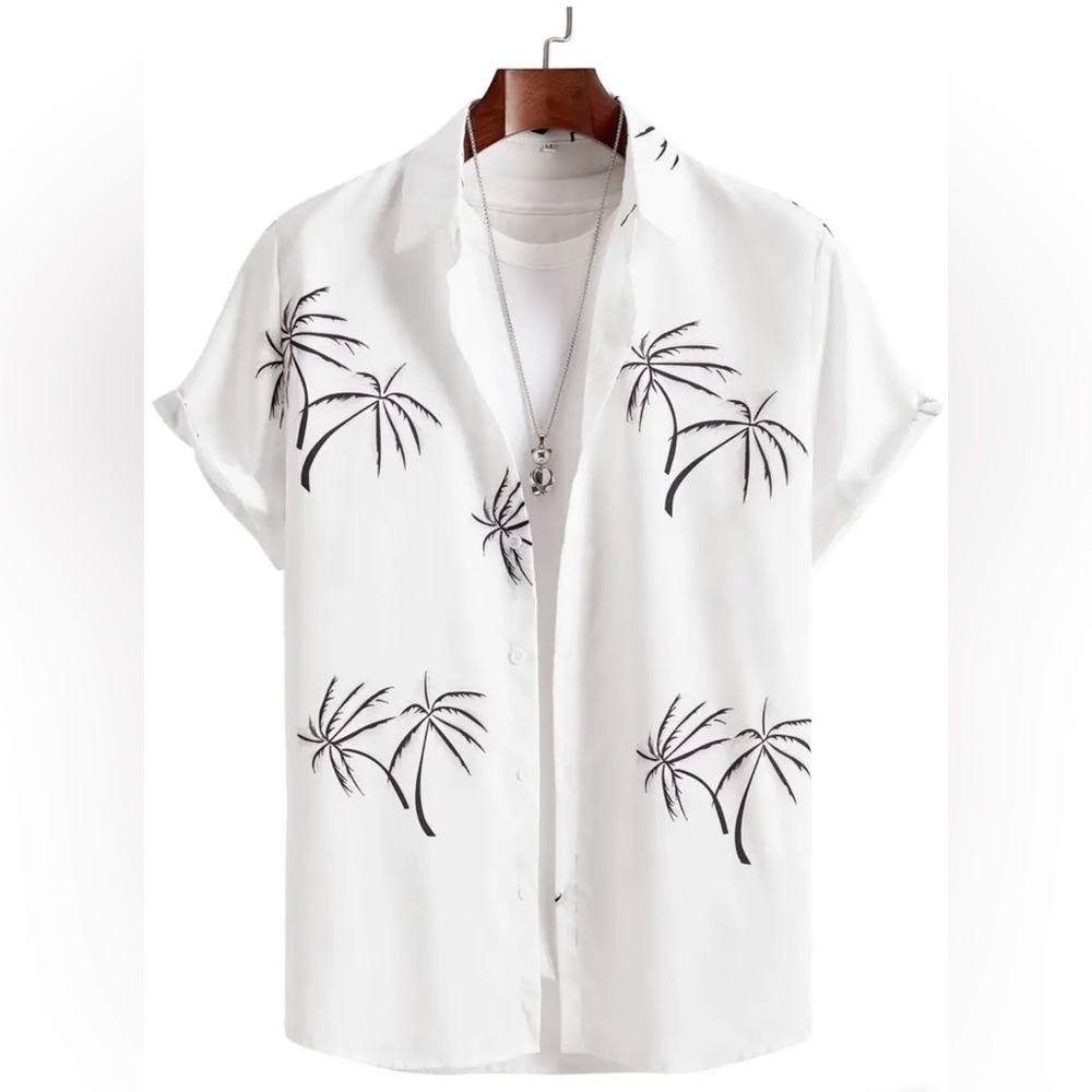 Coconut Tree Print Short Sleeve Boho Shirt, Classic White & Black